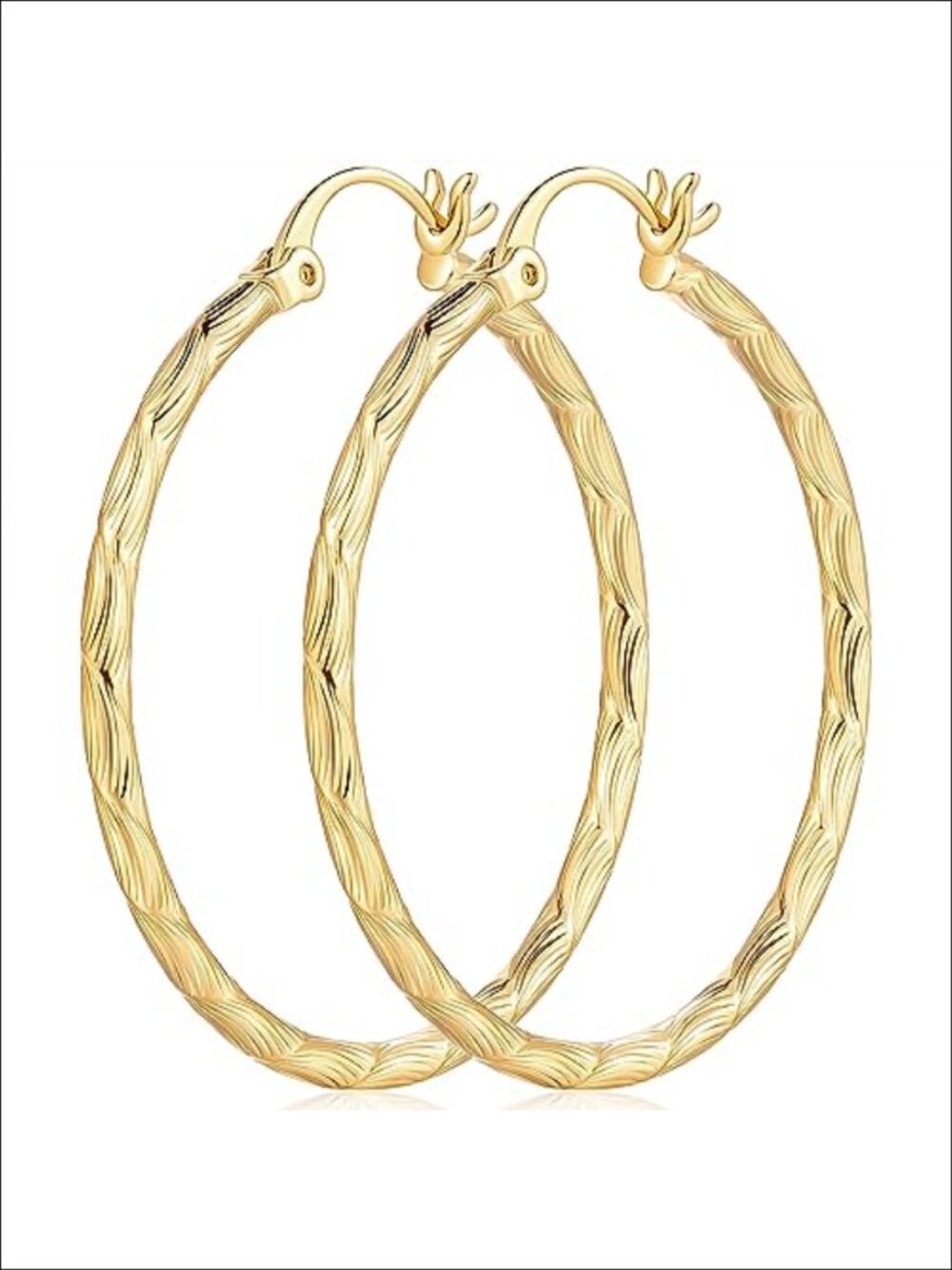 14K Gold Plated Large Hoop Earrings Clip-Top Curvilinear Engraved